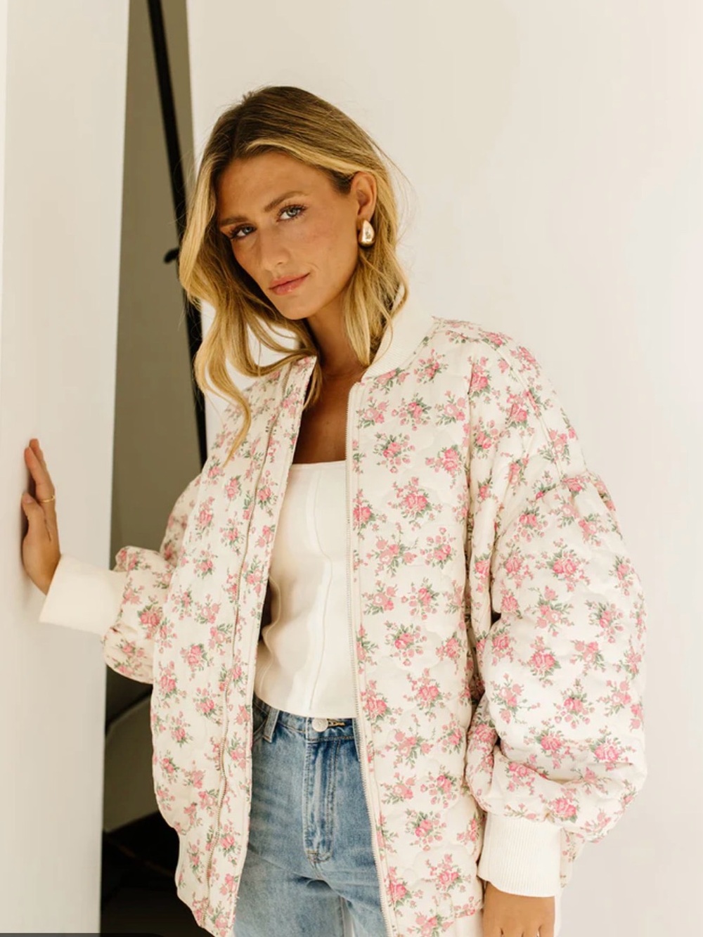 In Bloom Floral Quilted Bomber Jacket - Pink/cream